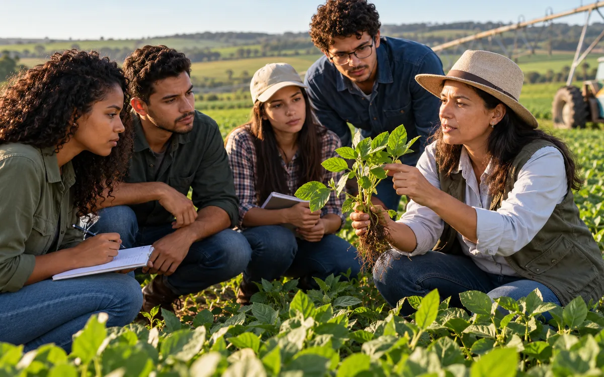 Estudantes e agrônoma participam de atividade prática no campo