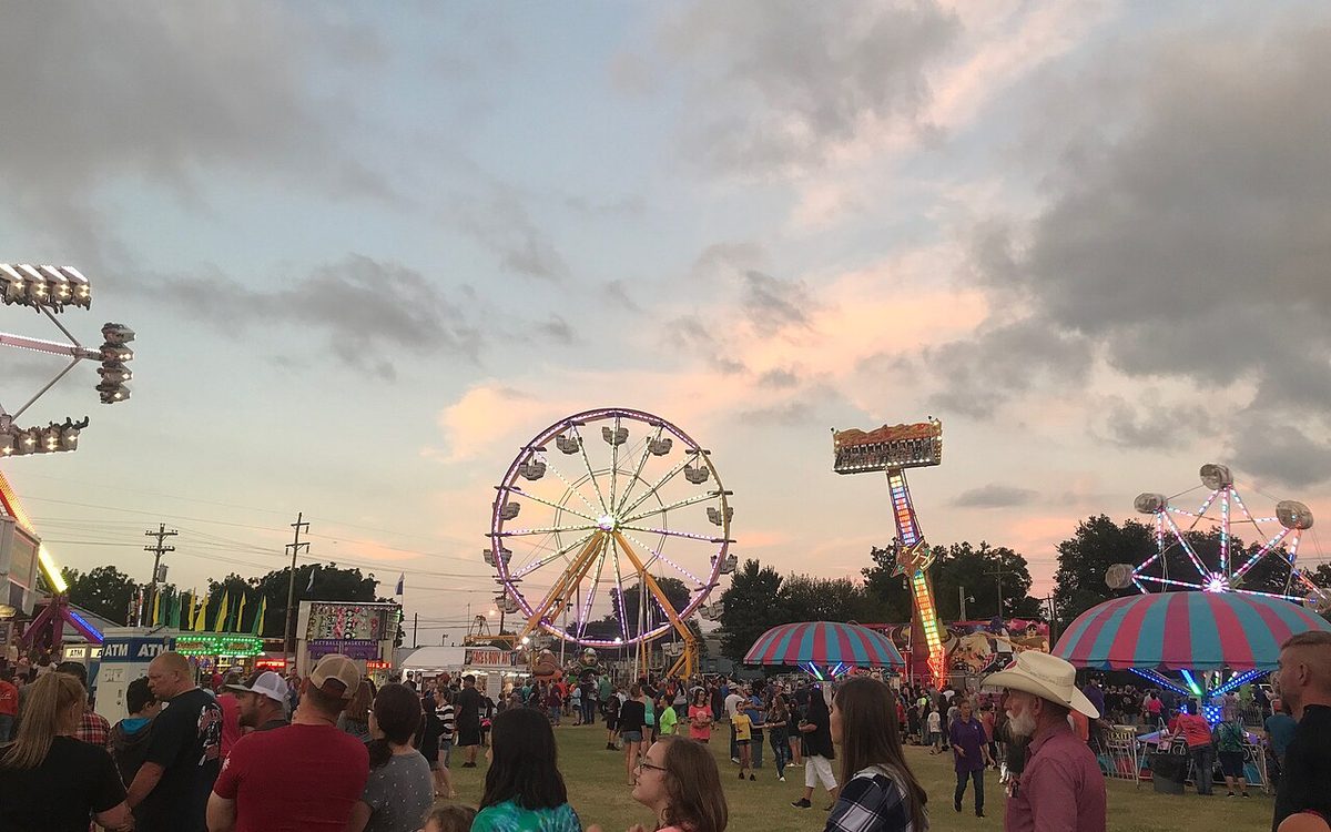 Feira agropecuária com estandes cobertos exibindo produtos do campo e público visitante