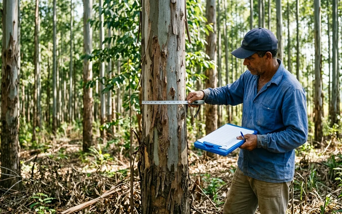 Técnico florestal medindo o diâmetro do tronco de eucalipto com fita métrica e prancheta de inventário em plantio comercial