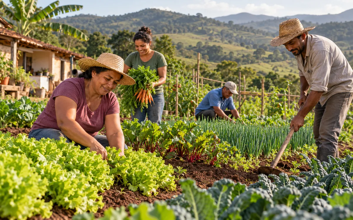 Agricultores cuidam juntos de uma horta familiar
