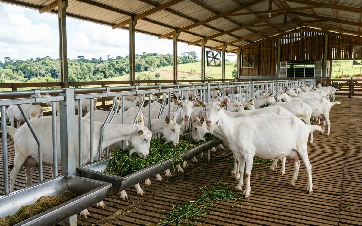 Cabras leiteiras brancas da raça Saanen em capril moderno com ripado de madeira