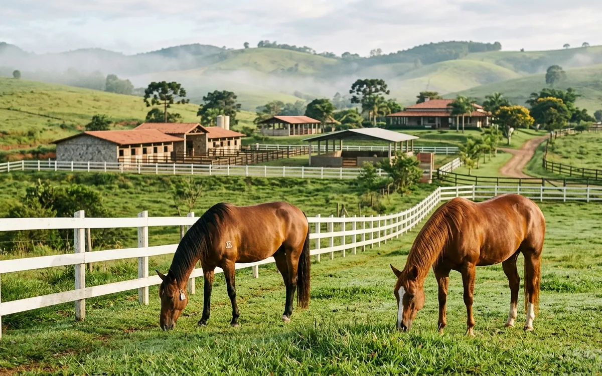 Cavalos saudáveis pastando em piquete verde com cerca de madeira em criatório no Brasil