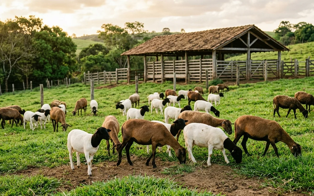 Rebanho de ovelhas de corte pastando com aprisco de madeira ao fundo ao pôr do sol