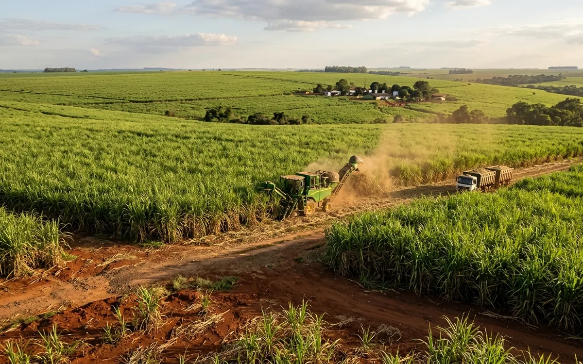 Canavial verde vigoroso com colhedora de cana em operação no campo no interior paulista