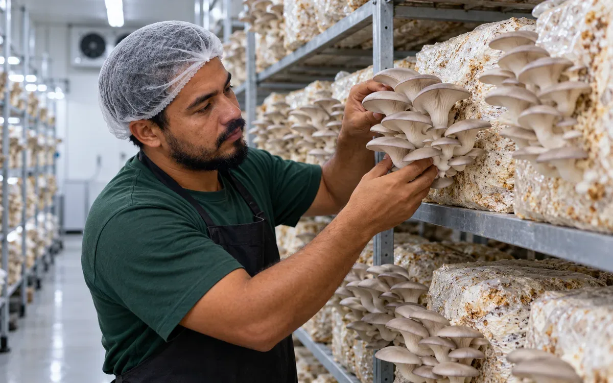Produtor inspeciona cultivo de cogumelos comestíveis