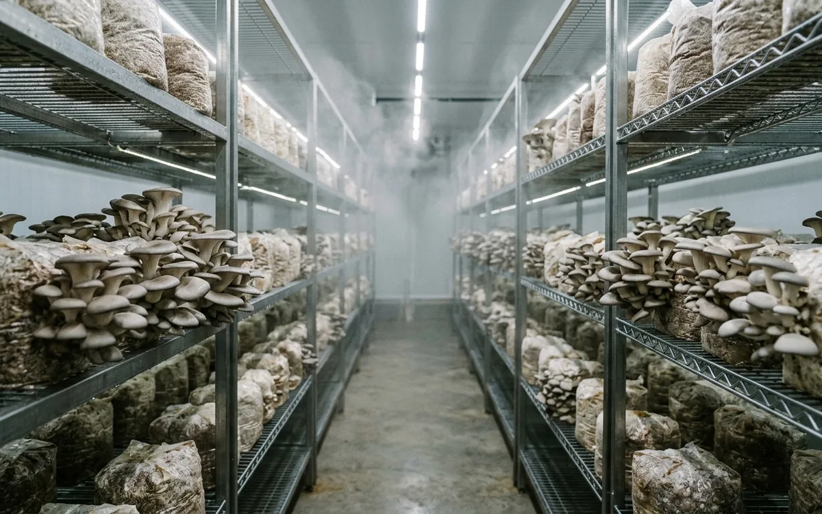 Sala de frutificação climatizada com prateleiras e blocos de substrato produzindo cogumelos shimeji frescos