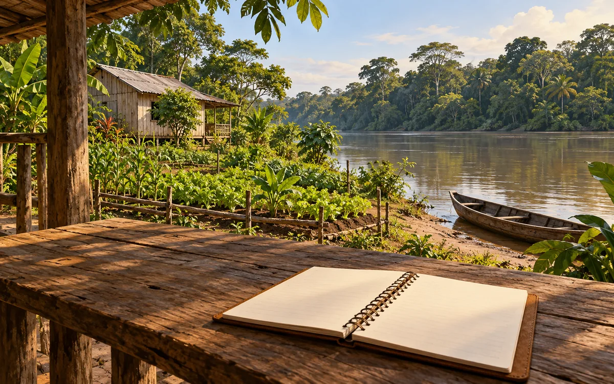 Ilustração de propriedade ribeirinha com canoa vazia, cultivos e caderno sem escrita