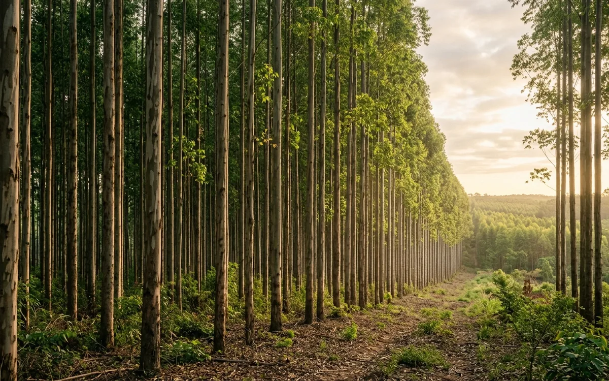 Talhão comercial de floresta plantada de eucalipto no Brasil com árvores alinhadas e luz natural matinal
