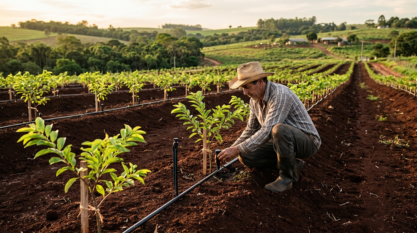 Canteiros de pomar em renovação com plantas jovens de fruta-do-conde sob irrigação em fazenda paulista