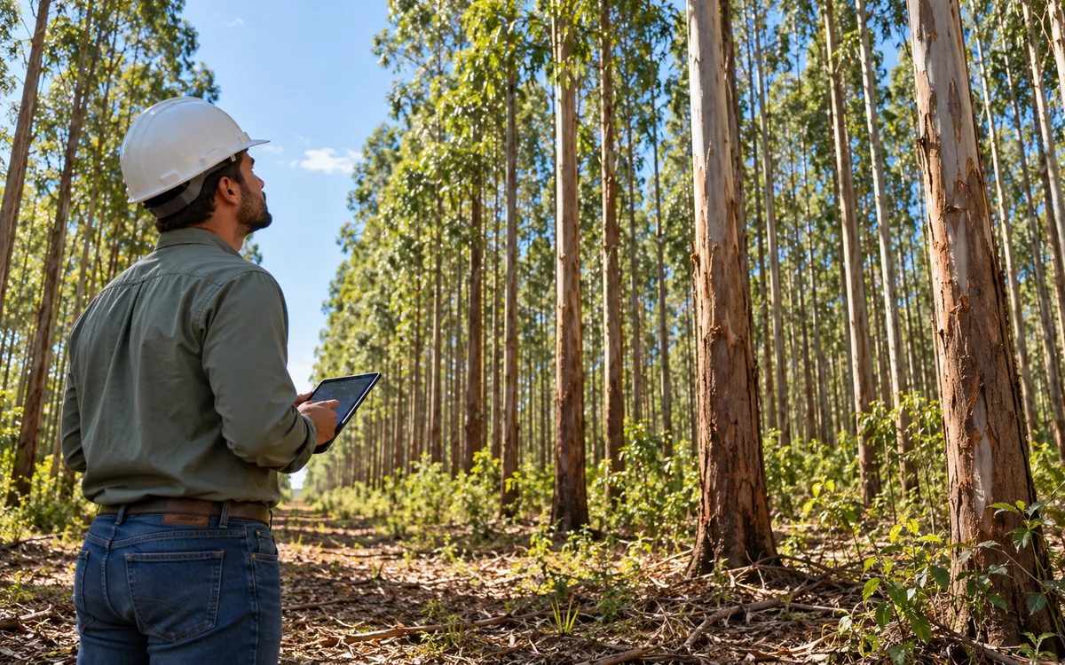 Profissional avalia uma área de floresta plantada