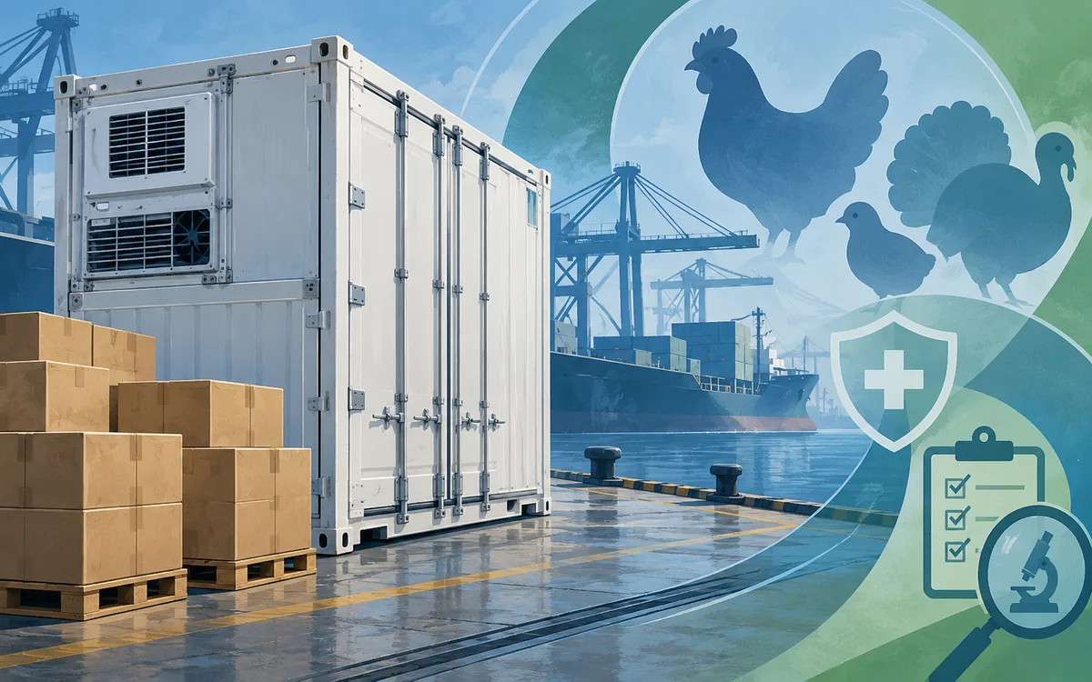 Ilustração de contêiner refrigerado no porto com silhuetas de aves e símbolos de controle sanitário