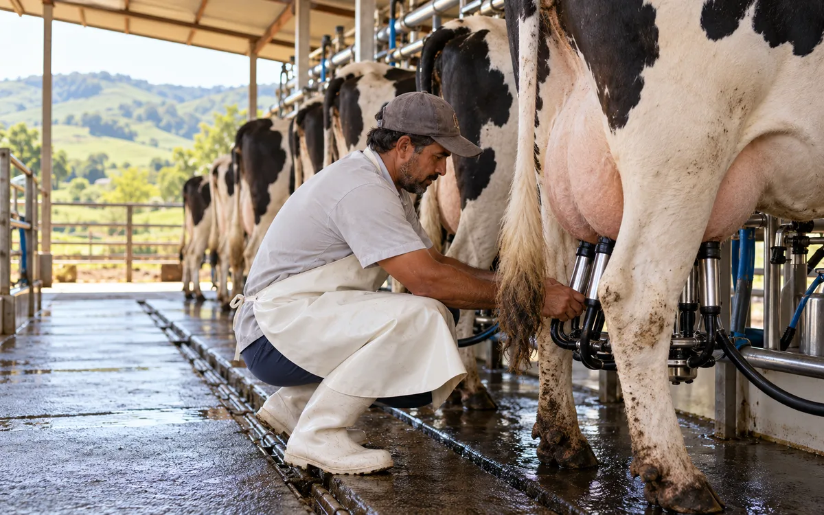 Trabalhador realiza ordenha de vaca leiteira