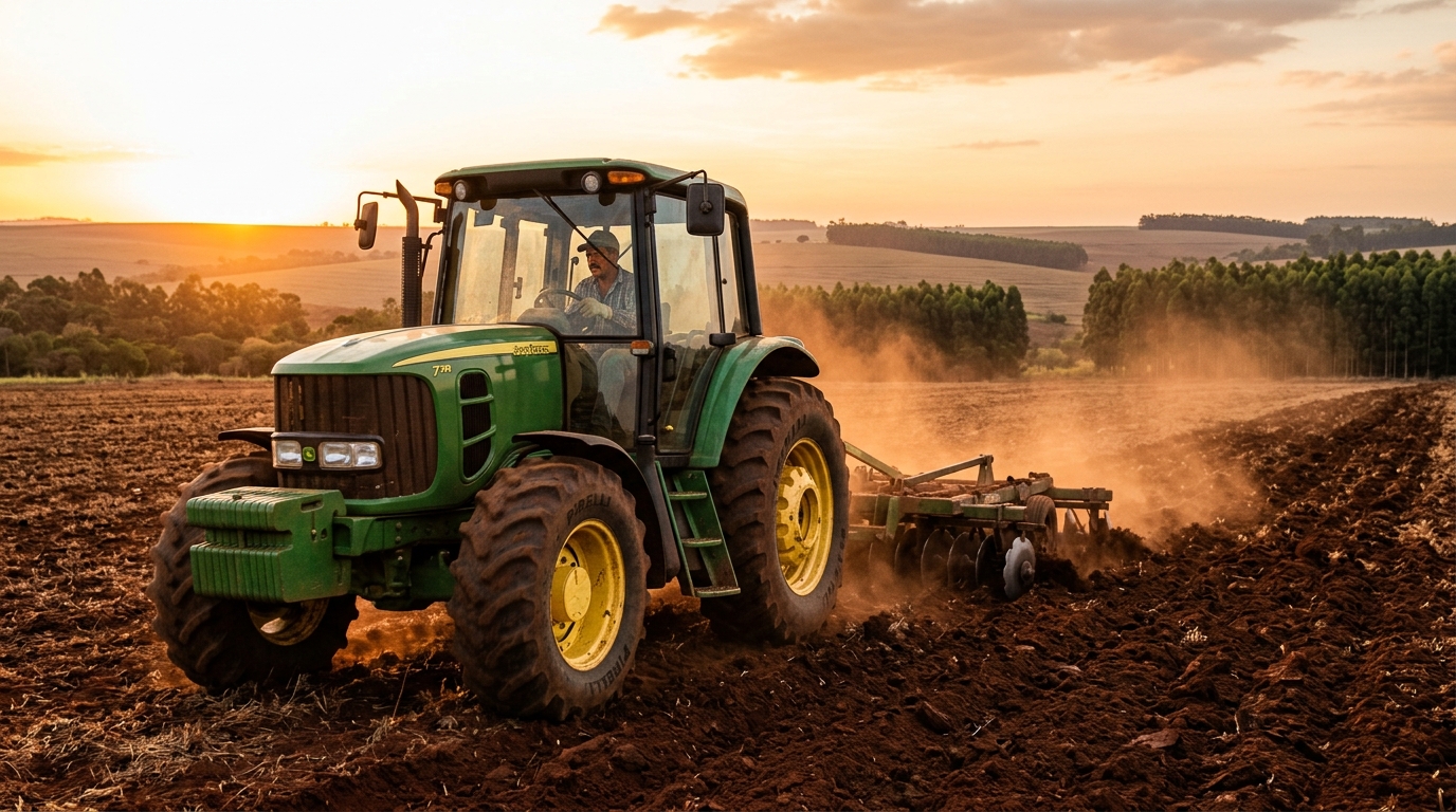 Trator agrícola moderno com implemento trabalhando o solo no campo paulista ao entardecer