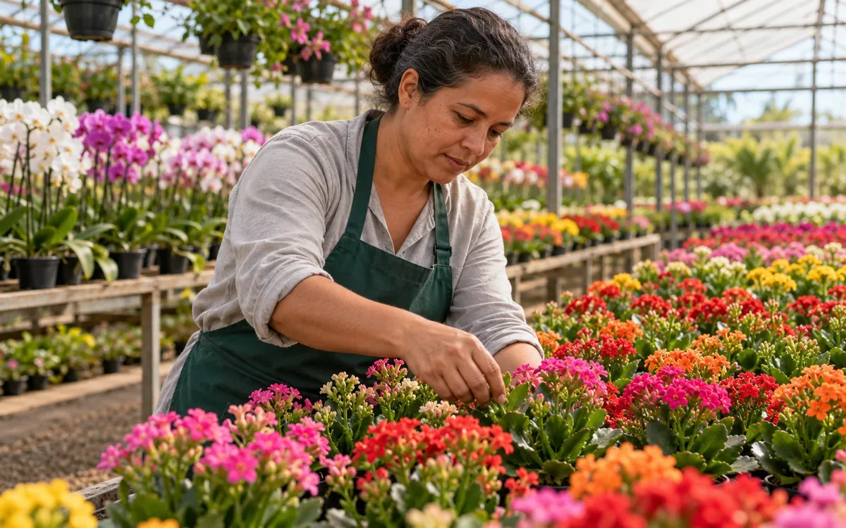 Trabalhadora cuida de flores em estufa
