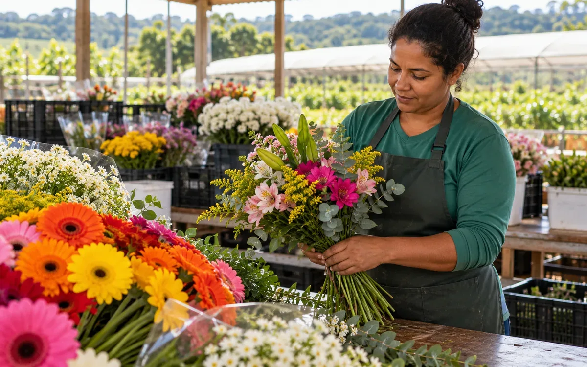 Trabalhadora organiza flores colhidas para venda