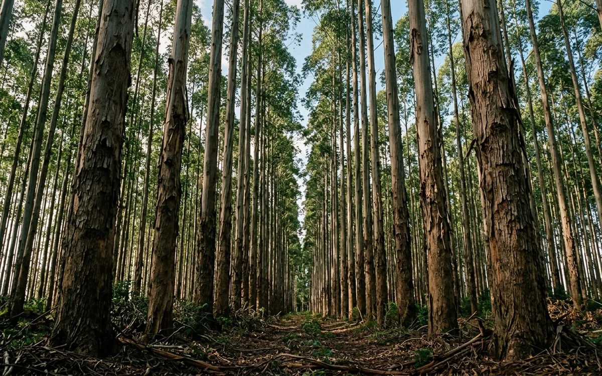 Povoamento adulto de eucaliptos altos e grossos atingindo o ponto de corte florestal