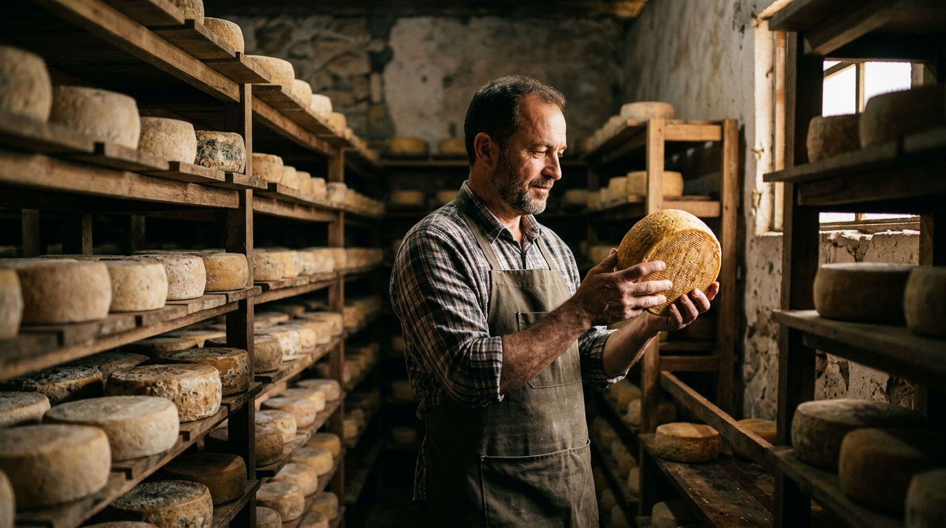 Mestre queijeiro artesanal inspeciona queijo em câmara de maturação com prateleiras de madeira