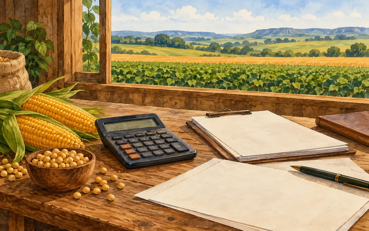 Ilustração de calculadora e papéis sem escrita sobre mesa rural diante de lavoura