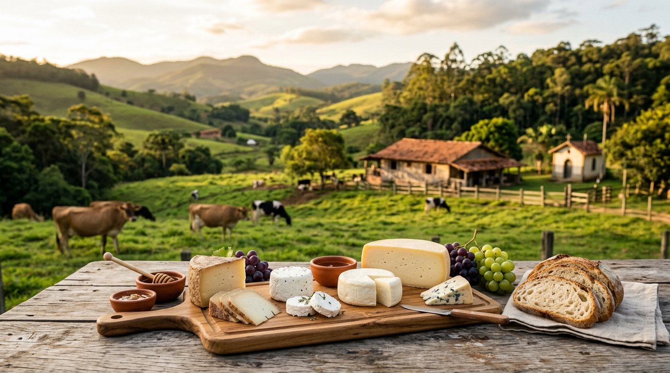 Mesa rústica de degustação com queijos artesanais variados em fazenda do interior de São Paulo